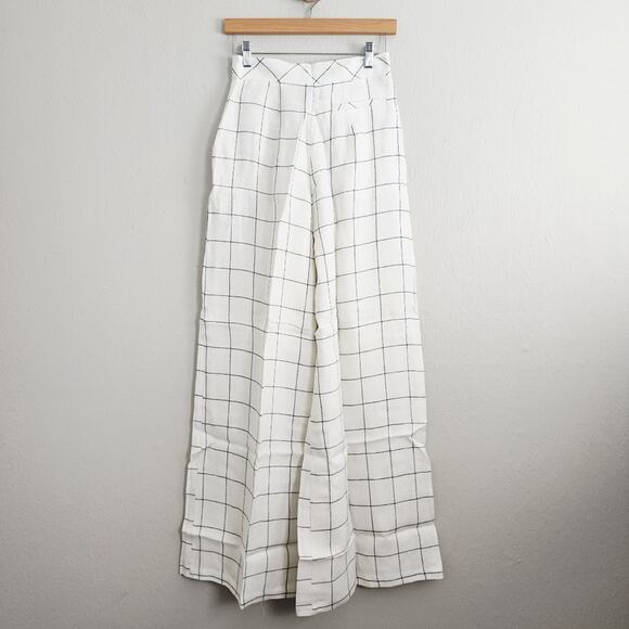 Rumer The Label Quinn Plaid Linen Wide Leg Pants Ivory High Waist Pleated NWT S - Picture 11 of 12